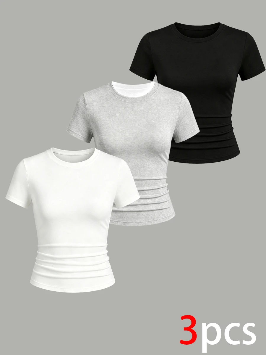 3pcs Tween Girls Simple Casual Short Sleeve Tops, Personalized Tops, Girls Short Sleeve, Suitable For Spring/Summer, Comfortable And Easy To Wear, Family Outings, Simple Casual Wear, Back To School Essential, Comfortable And Easy To Wear, Easy For Sports - Multicolor - View 1