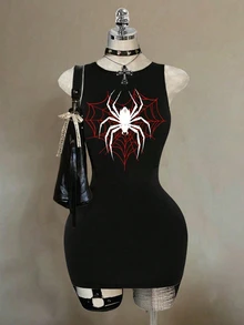 Attitoon Halloween Goth Y2K Spider /Spider Web Graphic Dress - Black - View 1