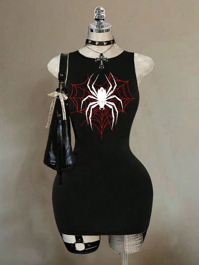 Attitoon Halloween Goth Y2K Spider /Spider Web Graphic Dress