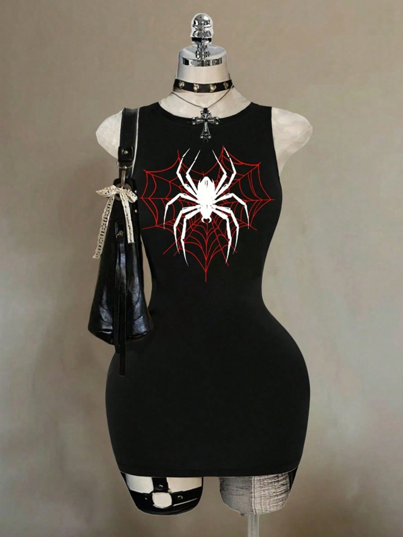 Attitoon Halloween Goth Y2K Spider /Spider Web Graphic Dress - Black - View 1