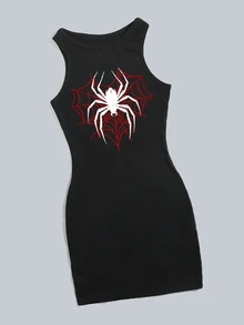 Attitoon Halloween Goth Y2K Spider /Spider Web Graphic Dress - Black - View 4