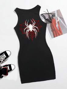 Attitoon Halloween Goth Y2K Spider /Spider Web Graphic Dress - Black - View 7