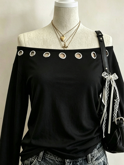 Collagica Collagica Women's Fall Streetwear Chic Going Out Grommet Eyelet Black Fitted T-Shirt Long Sleeve Casual Outfits For Women Black Tops