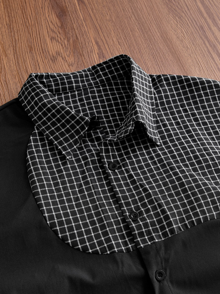 SWAVVY Men's Patchwork Plaid Short Sleeve Single-Breasted Casual Shirt - Black - View 4