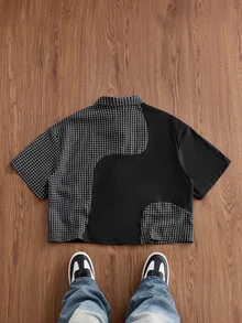 SWAVVY Men's Patchwork Plaid Short Sleeve Single-Breasted Casual Shirt - Black - View 2