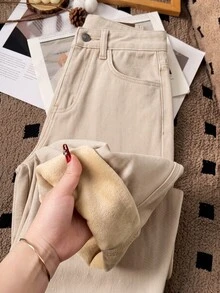 SHEIN MOD 女款刷毛內裡休閒百搭牛仔褲，附口袋，卡其色冬季服飾，休閒棕色牛仔褲，女款工作牛仔褲，適合假期度假與秋季 - 白色 - 查看 9