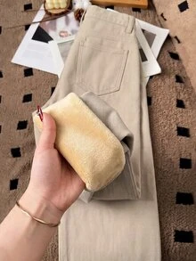 SHEIN MOD 女款刷毛內裡休閒百搭牛仔褲，附口袋，卡其色冬季服飾，休閒棕色牛仔褲，女款工作牛仔褲，適合假期度假與秋季 - 白色 - 查看 4