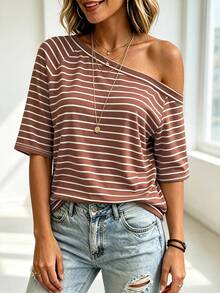 SHEIN LUNE Brown And White Striped Asymmetrical Neckline Casual Versatile Women's Short Sleeve T-Shirt Brunch Summer - Coffee Brown - View 3