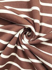 SHEIN LUNE Brown And White Striped Asymmetrical Neckline Casual Versatile Women's Short Sleeve T-Shirt Brunch Summer - Coffee Brown - View 5