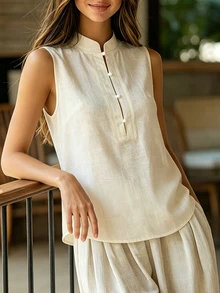 SHEIN 柔和米色紋理小立領半排扣前襟無袖襯衫 - 杏色 - 查看 6