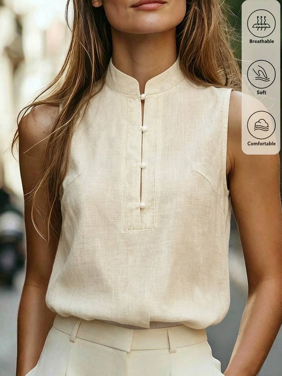 SHEIN Soft Beige Textured Small Stand Collar Half-Button Front Sleeveless Blouse - Apricot - View 1