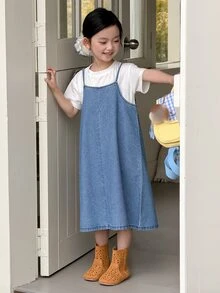 DAZY 少女韩式吊带喇叭牛仔连衣裙 - 藍色 - 查看 5