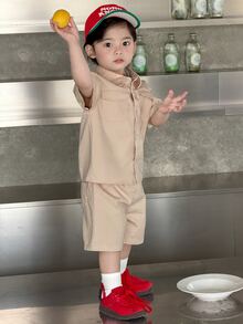 DAZY 男嬰前開鈕扣領休閒襯衫 + 短褲 T-shirt 套裝 夏季幼兒 - 杏色 - 查看 8
