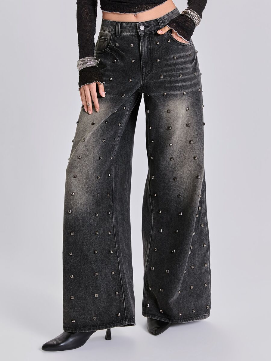 ACID BLVD Y2K Casual Millennium Style Streetwear Metal Rivet Loose Straight Leg Denim Jeans For All Seasons - Black - View 1