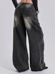 ACID BLVD Y2K Casual Millennium Style Streetwear Metal Rivet Loose Straight Leg Denim Jeans For All Seasons - Black - View 5