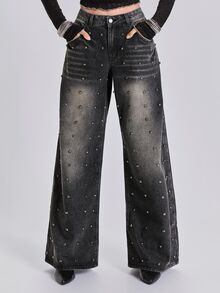 ACID BLVD Y2K Casual Millennium Style Streetwear Metal Rivet Loose Straight Leg Denim Jeans For All Seasons - Black - View 4