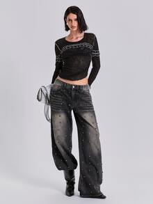 ACID BLVD Y2K Casual Millennium Style Streetwear Metal Rivet Loose Straight Leg Denim Jeans For All Seasons - Black - View 6