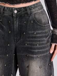 ACID BLVD Y2K Casual Millennium Style Streetwear Metal Rivet Loose Straight Leg Denim Jeans For All Seasons - Black - View 2