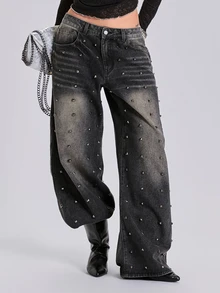 ACID BLVD Y2K Casual Millennium Style Streetwear Metal Rivet Loose Straight Leg Denim Jeans For All Seasons - Black - View 3