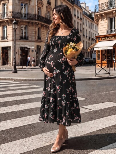 SHEIN Maternity Dress With Lantern Long Sleeves, Square Neck, Ruched Front And Back, Multi-Layered Tiered A-Line Hem, Black Base With Pink Floral Print, Dress