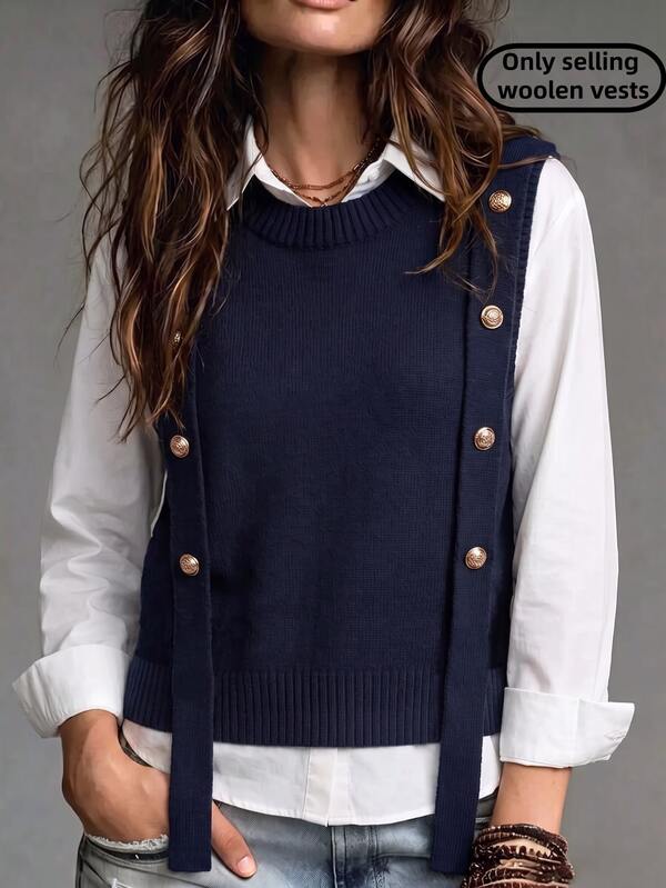 SHEIN Women's Autumn/Winter New Elegant Solid Color Round Neck Knit Vest, Casual Versatile Commute College Style Button Decor Fashion Sleeveless Sweater Top, Suitable For Daily Wear, Date Outfits, Vacation Travel