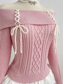 Elamini Sweater Kasual Wanita Musim Gugur/Dingin Model Bahu Terbuka dengan Tali Silang - Berwarna merah muda - View 6