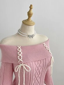Elamini Sweater Kasual Wanita Musim Gugur/Dingin Model Bahu Terbuka dengan Tali Silang - Berwarna merah muda - View 4