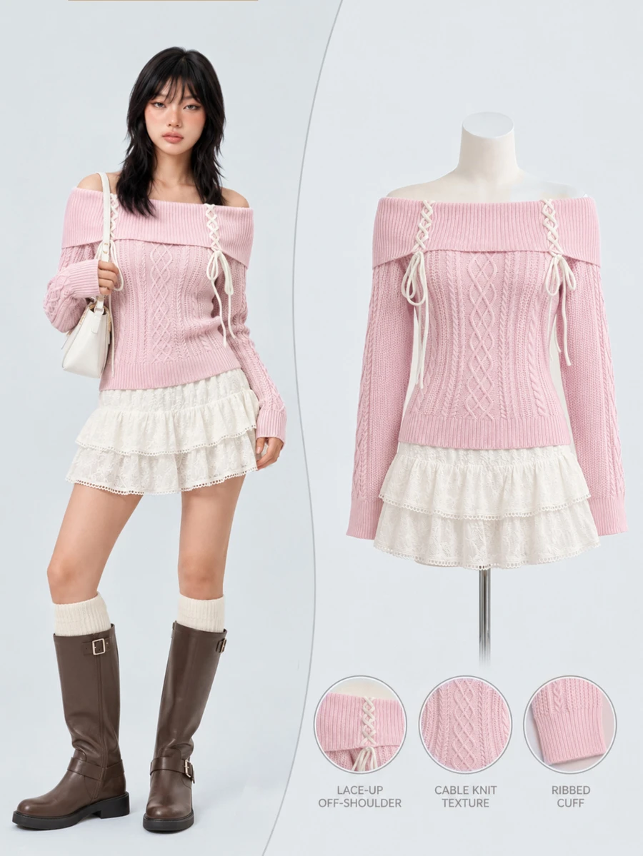 Elamini Sweater Kasual Wanita Musim Gugur/Dingin Model Bahu Terbuka dengan Tali Silang - Berwarna merah muda - View 1