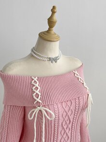 Elamini Sweater Kasual Wanita Musim Gugur/Dingin Model Bahu Terbuka dengan Tali Silang - Berwarna merah muda - View 5