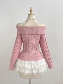 Elamini Sweater Kasual Wanita Musim Gugur/Dingin Model Bahu Terbuka dengan Tali Silang - Berwarna merah muda - View 8