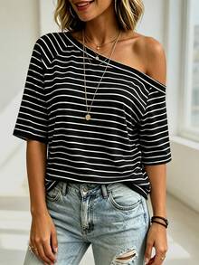 Balvessa Black And White Striped Asymmetrical Neckline Casual Versatile Women's Short Sleeve T-Shirt Vacation Summer - Black - View 3