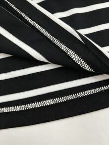 Balvessa Black And White Striped Asymmetrical Neckline Casual Versatile Women's Short Sleeve T-Shirt Vacation Summer - Black - View 4