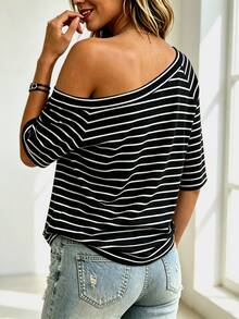 Balvessa Black And White Striped Asymmetrical Neckline Casual Versatile Women's Short Sleeve T-Shirt Vacation Summer - Black - View 2