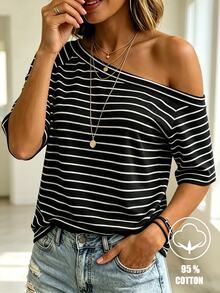 Balvessa Black And White Striped Asymmetrical Neckline Casual Versatile Women's Short Sleeve T-Shirt Vacation Summer - Black - View 1