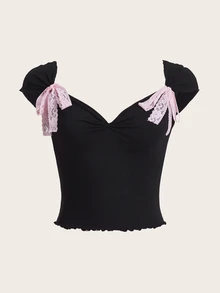 SHEIN ICON Bow Front Lettuce Trim Crop Tee - Black - View 1