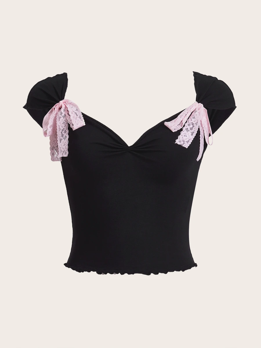 SHEIN ICON Bow Front Lettuce Trim Crop Tee - Black - View 1