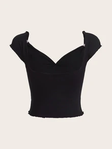 SHEIN ICON Bow Front Lettuce Trim Crop Tee - Black - View 2