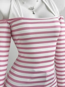 Elamini Women's Sweet Minimalist Sexy Halter Neck 2 In 1 Striped Long Sleeve Cold Shoulder T-Shirt - Pink - View 5
