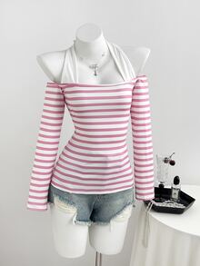 Elamini Women's Sweet Minimalist Sexy Halter Neck 2 In 1 Striped Long Sleeve Cold Shoulder T-Shirt - Pink - View 3