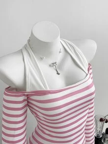 Elamini Women's Sweet Minimalist Sexy Halter Neck 2 In 1 Striped Long Sleeve Cold Shoulder T-Shirt - Pink - View 4