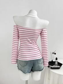 Elamini Women's Sweet Minimalist Sexy Halter Neck 2 In 1 Striped Long Sleeve Cold Shoulder T-Shirt - Pink - View 2