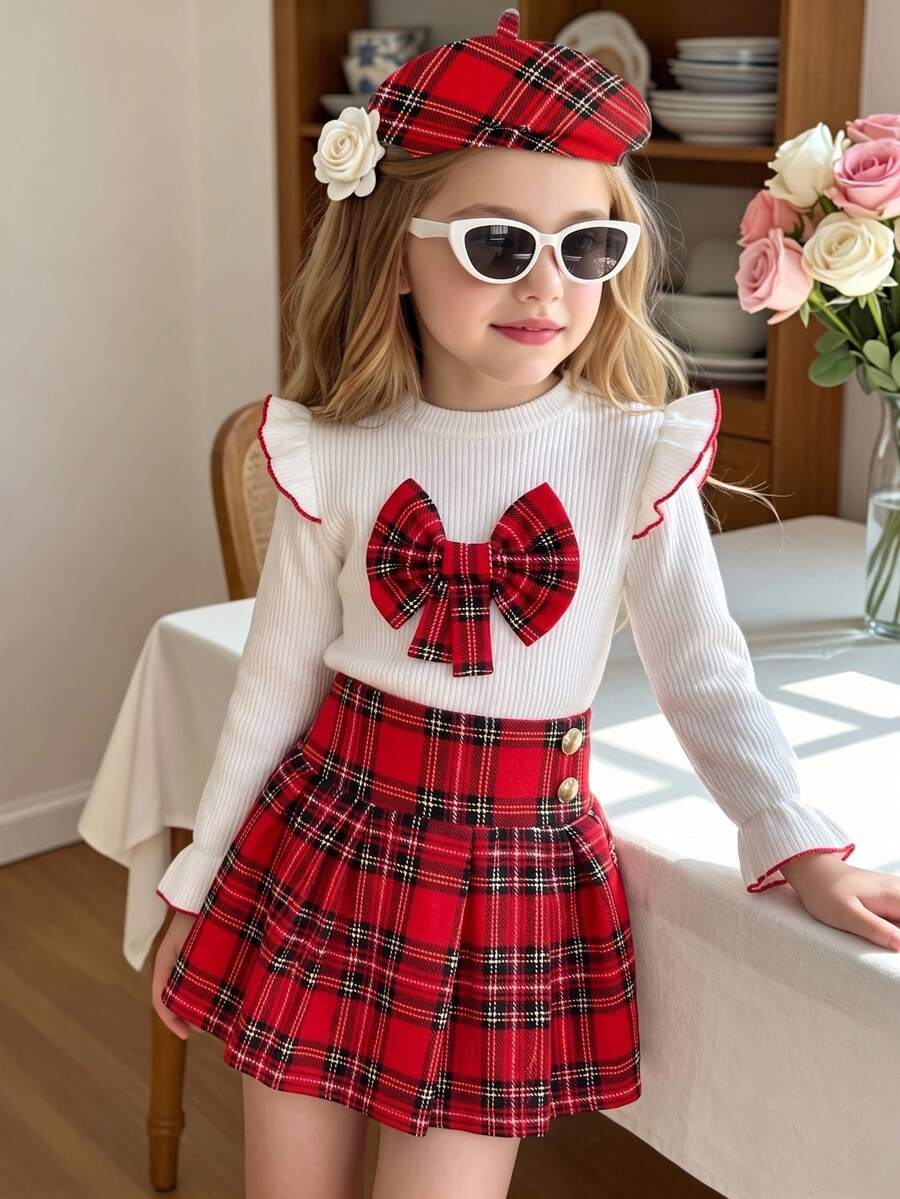 Elladie kids 女童针织圆领短袖格子蝴蝶结装饰上衣搭配格子百褶裙,配贝雷帽,可爱休闲复古学院风,适合秋冬季休闲穿着和校服,也是圣诞节、秋季公主派对、万圣节/圣诞派对的完美选择,适合秋冬季度假穿着。 - 紅色 - 查看 1