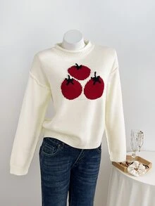 Elamini 1pc Tomato Pattern Drop Shoulder Sweater - White - View 4