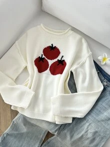 Elamini 1pc Tomato Pattern Drop Shoulder Sweater - White - View 8