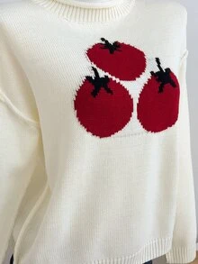 Elamini 1pc Tomato Pattern Drop Shoulder Sweater - White - View 6