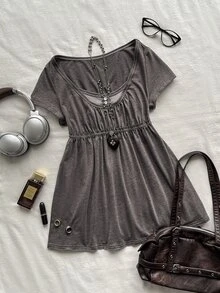 Attitoon 女款休閒復古娃娃衫短袖T恤，Y2K風格，女款夏季服飾 - 深灰色 - 查看 6