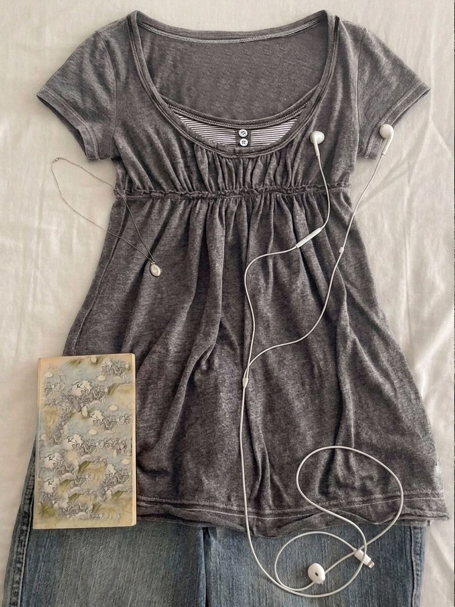 Attitoon 女款休閒復古娃娃衫短袖T恤，Y2K風格，女款夏季服飾 - 深灰色 - 查看 1