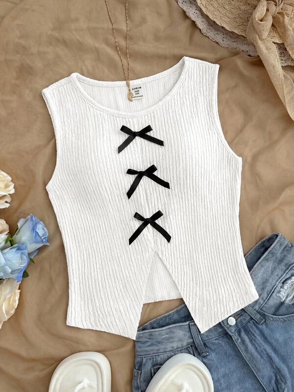 Tween Girl Cute White Crop Top With Black Bowknot Detail And Slit Hem, Summer Tops Top For Teenagers