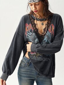Bohemela 女款秋季休閒搖滾街頭風多色圖案水洗針織長袖衛衣/萬聖節/返校季/外出演唱會/Y2K/節日/ - 黑色 - 查看 5