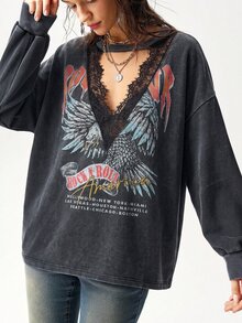 Bohemela 女款秋季休閒搖滾街頭風多色圖案水洗針織長袖衛衣/萬聖節/返校季/外出演唱會/Y2K/節日/ - 黑色 - 查看 10
